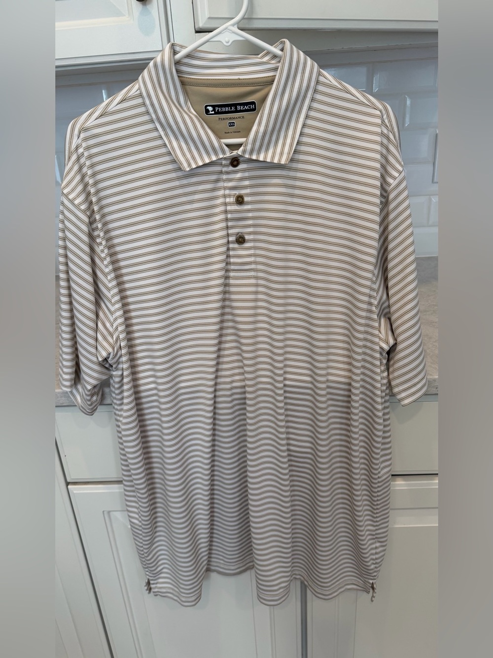 Pebble Beach Men's Striped Performance Polo in Cream and Tan